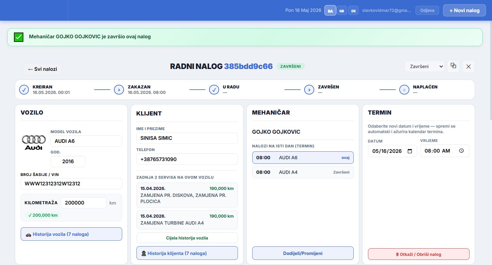 Radni nalog u aplikaciji AutoServis PRO