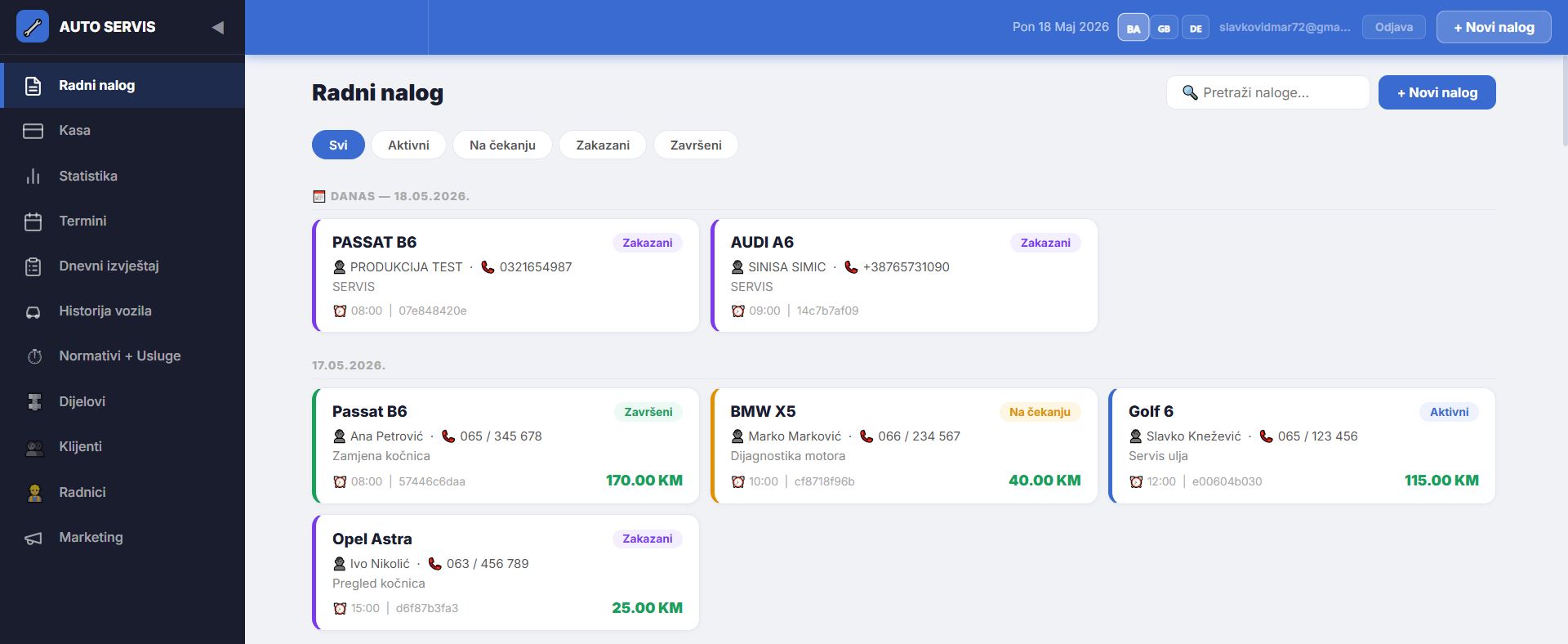 Softver za auto servise - lista radnih naloga